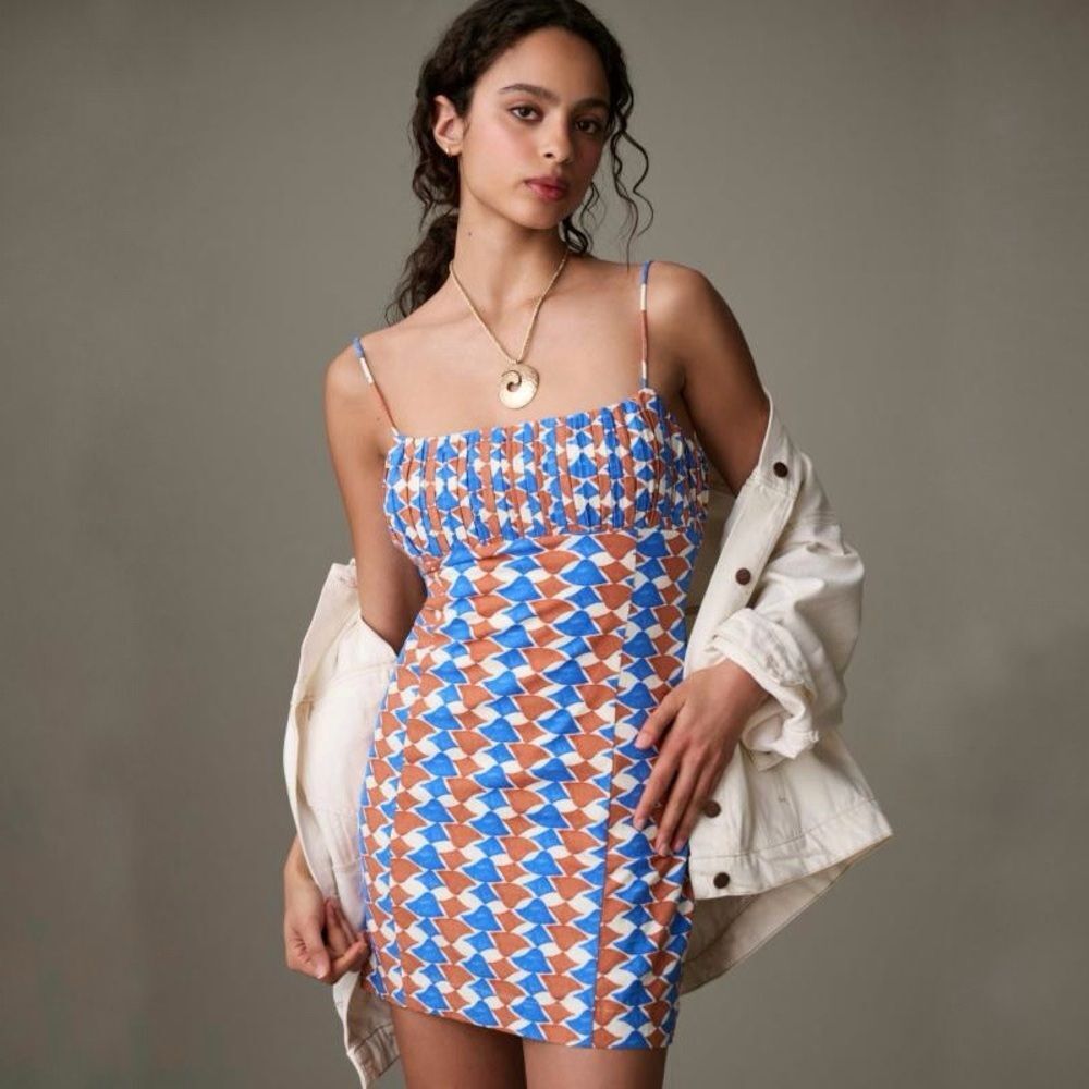NWT Anthro Maeve Sleeveless Linen Slim Mini Dress Blue Orange Size 6